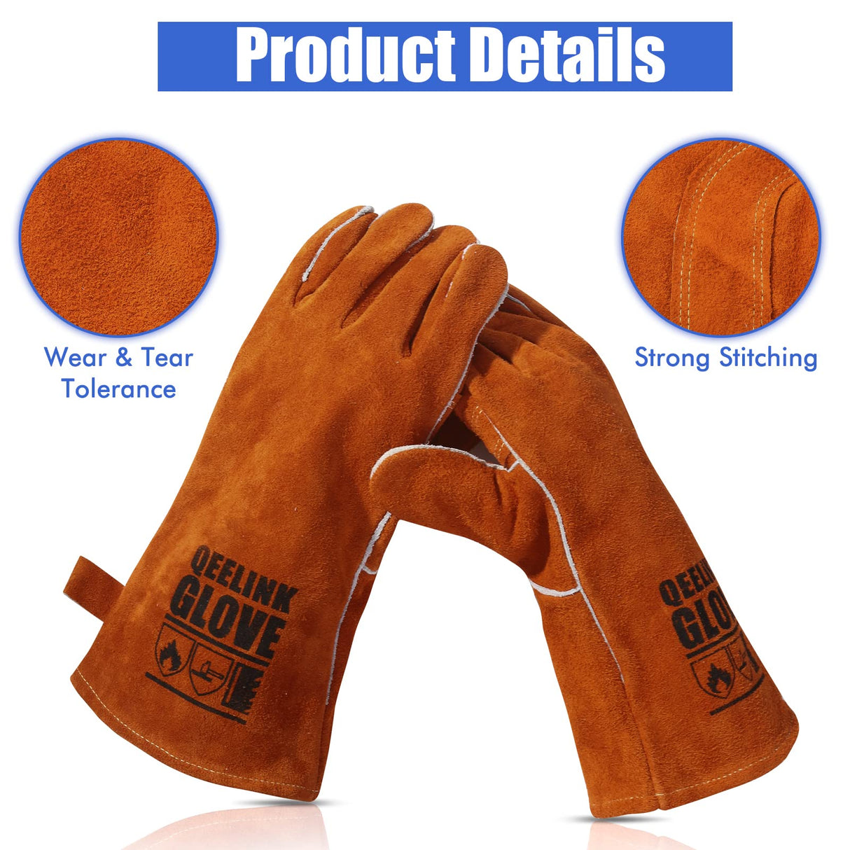 QeeLink Welding Gloves - Heat/Fire Resistant Lined Leather and Fireproof Stitching-Fireplace/BBQ/Gardening for Men or Women (14-inch, Brown) QeeLink