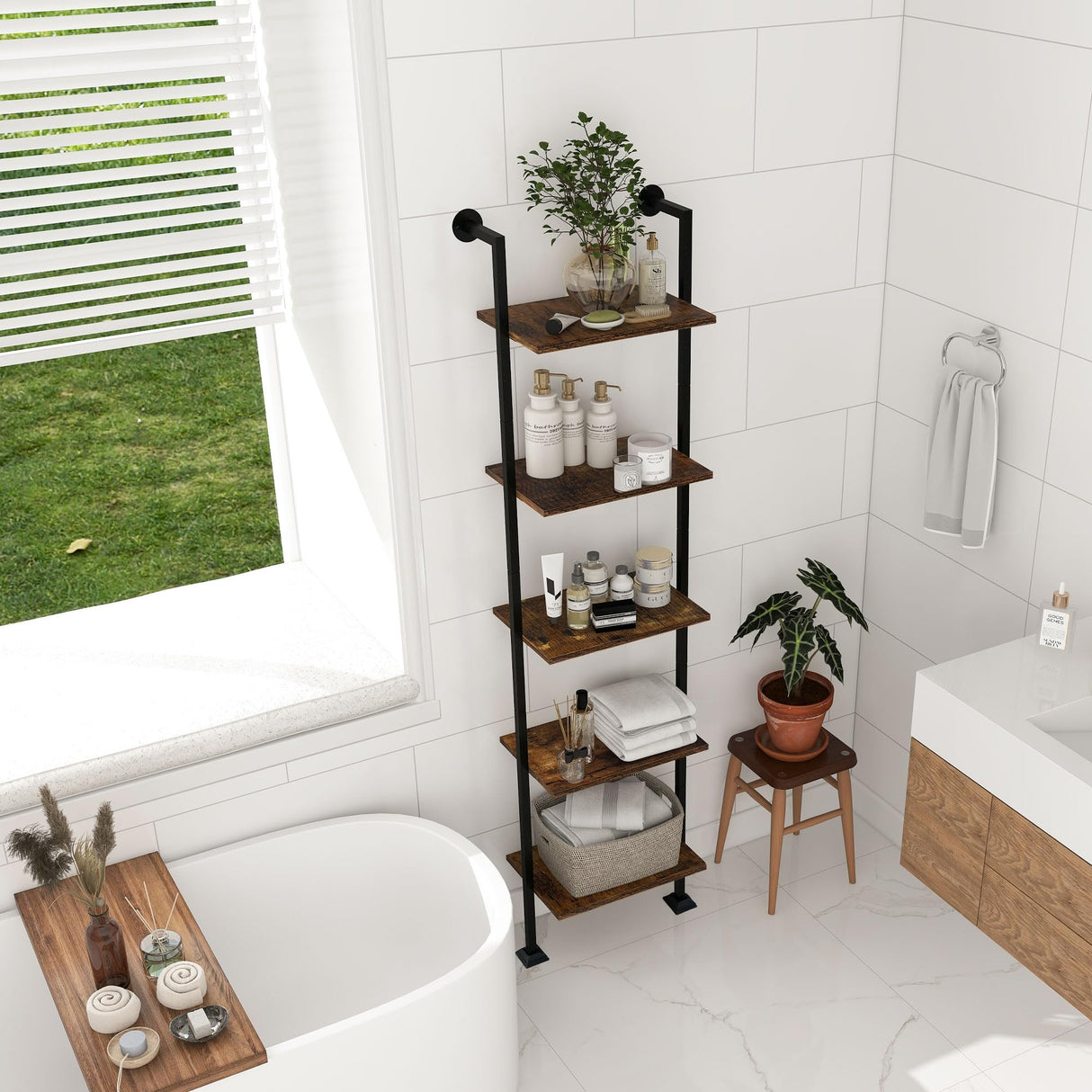 Axeman 5-Tier Ladder Shelf, Tall Narrow Bookcase for Small Spaces, Book Storage Organizer Case for Living Room, Home Office, Study, Industrial Style Black Metal Frame and Rustic Brown Shelf Axeman