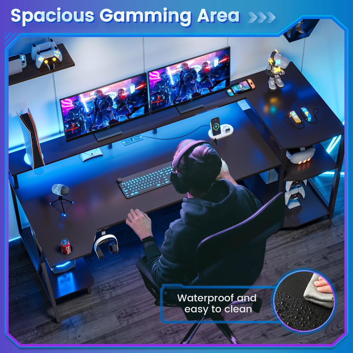 SEDETA Gaming Desk 55'' with LED Lights and Storage Shelves, Computer Desk with Monitor Stand, Power Outlets and Cup Holder, Large PC Gamer Desk, Gaming Table for Bedroom, Living Room, Black SEDETA
