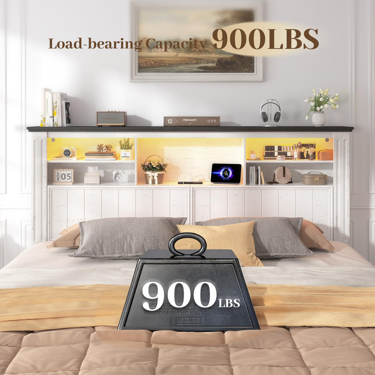 EnHomee Queen Bed Frame with Headboard, Bed Frame Queen Size with 4 Drawers Charging Port & LED, Farmhouse Queen Bed Built in Charging Station,No Box Spring Needed,NO Noise,White with Grain Marks EnHomee