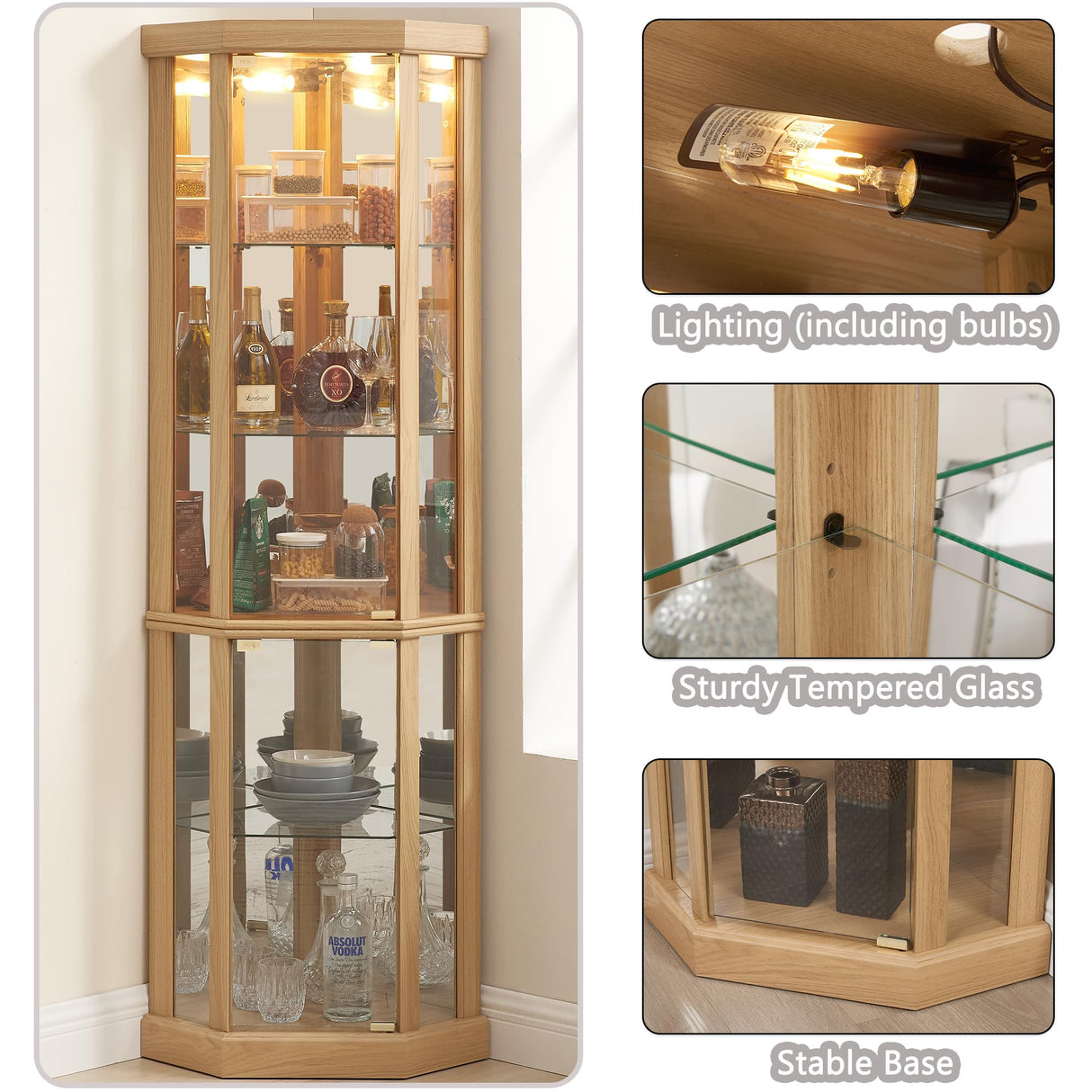 XZTUAJ 69" H Lighted Curio Cabinet - Corner Display Case with Adjustable Shelves and Tempered Glass, Wooden Cabinet with Mirrored Back Pane for Living Room (Light Oak) XZTUAJ