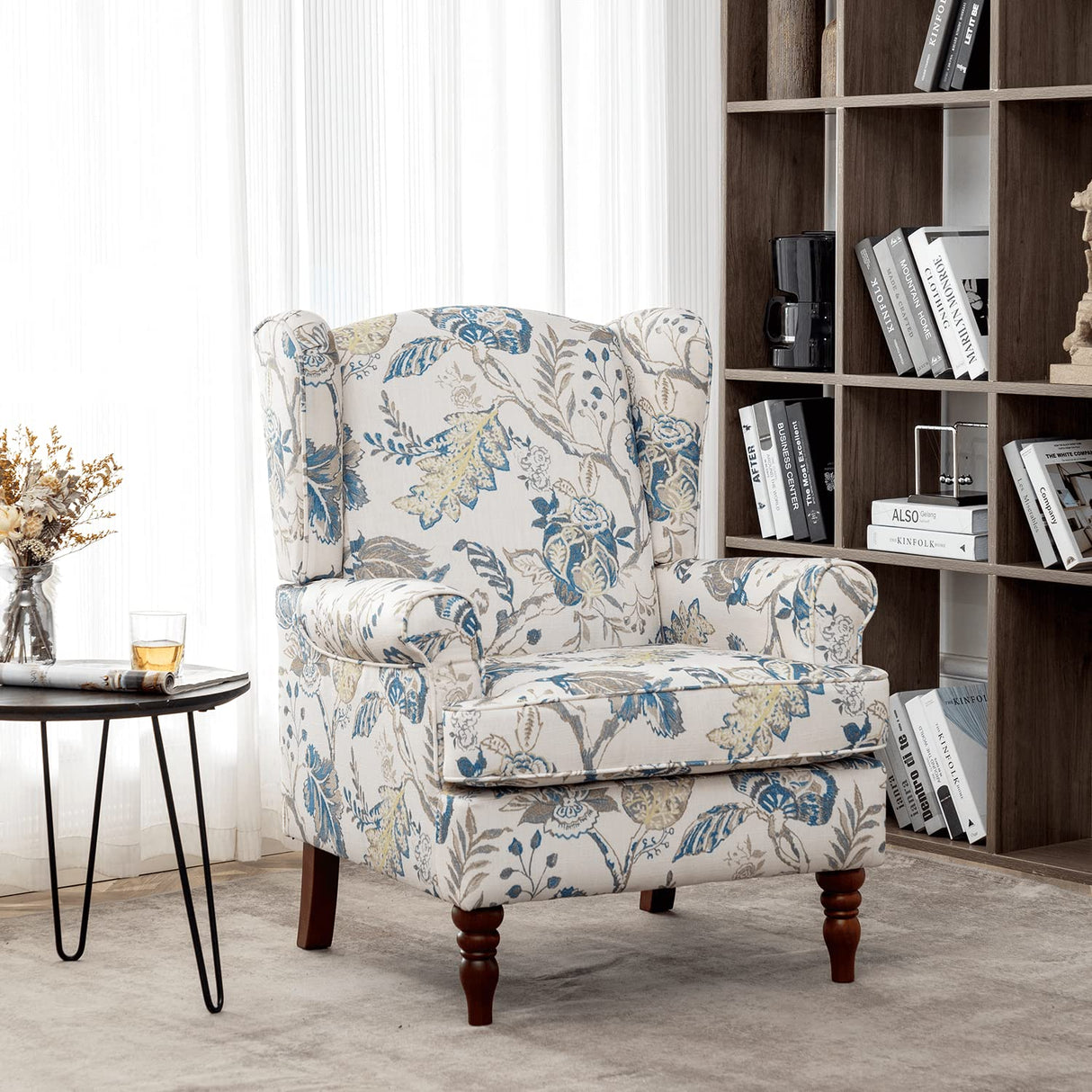 MELLCOM Floral Accent Chair, High Back Upholstered Armchair with Solid Legs, Leisure Single Sofa Chair for Living Room, Bedroom, Home Office, Blue Floral MELLCOM