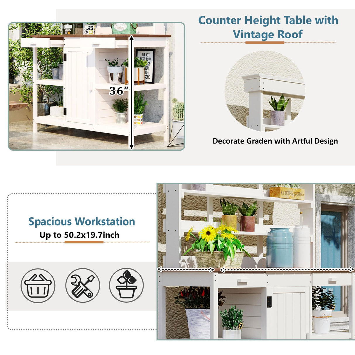 66” Large Outdoor Potting Table with 2 Drawers, Cabinet, Open Shelves, Wooden Potting Bench for Garden, Patio, Farmhouse, Backyard, Spacious Workstation (White, 66") Thctvous