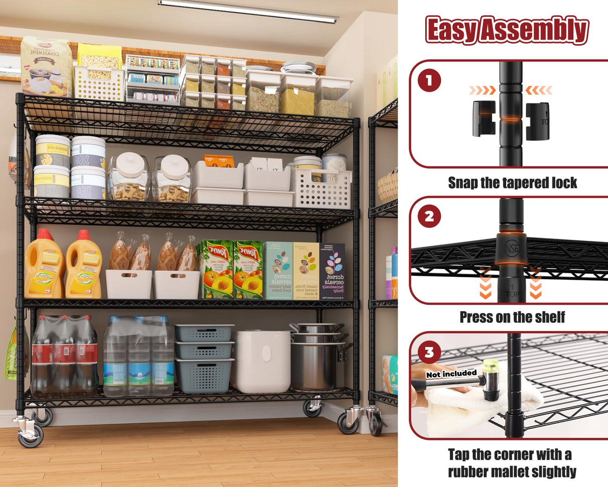 PrimeZone 5 Packs 55.5" W x 24" D x 80" H Heavy Duty Wire Storage Shelves with Wheels, 4 Tier Adjustable NSF Certified Garage Shelving Unit, Rolling Metal Organizer Shelf Rack for Warehouse, Pantry PrimeZone
