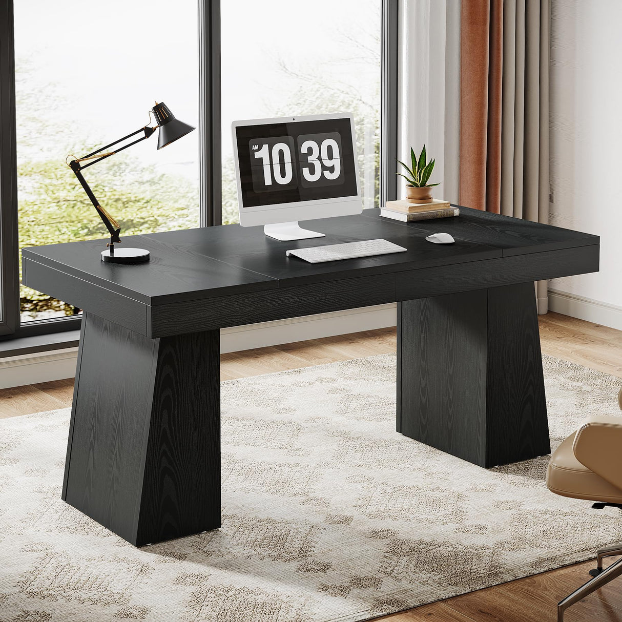 Tribesigns 55 Inches Executive Desk, Mid-Century Modern Home Office Desk with Double Trapezoid Base, Wood Computer Desk Business Workstation Desk Small Conference Table, Black Tribesigns