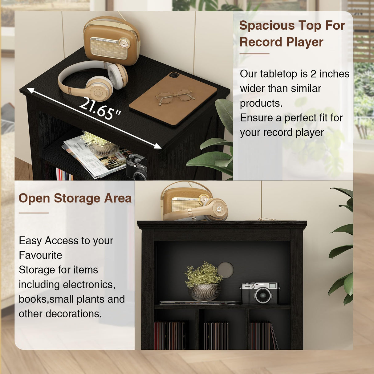 RowyPoey Farmhouse Record Player Stand, 3 Tier Turntable Stand with Vinyl Record Storage Holds Up to 160 Albums,Wood Record Holder Cabinet Dispaly Shelf for Living Room,Bedroom,Office,Black RowyPoey