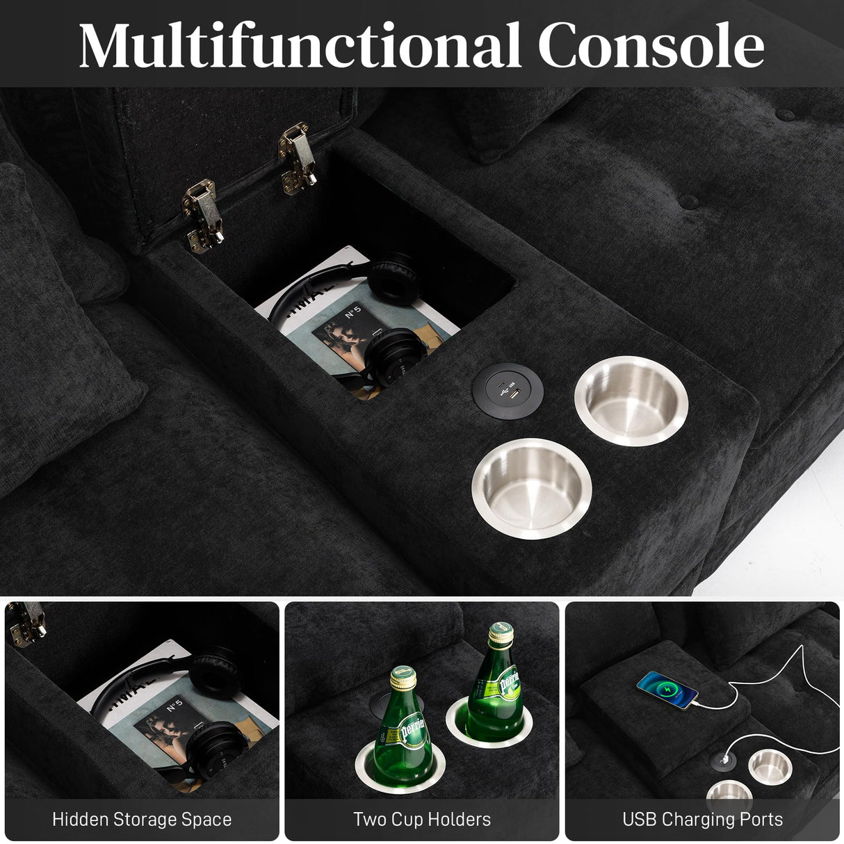 OUYESSIR 134" U Shaped Sectional Cloud Couch,Tufted Couch with Chaise Lounge,Fluffy Black Sectional Couches for Living Room,Comfy Chenille Modular Sofa with Central Console & USB Port OUYESSIR