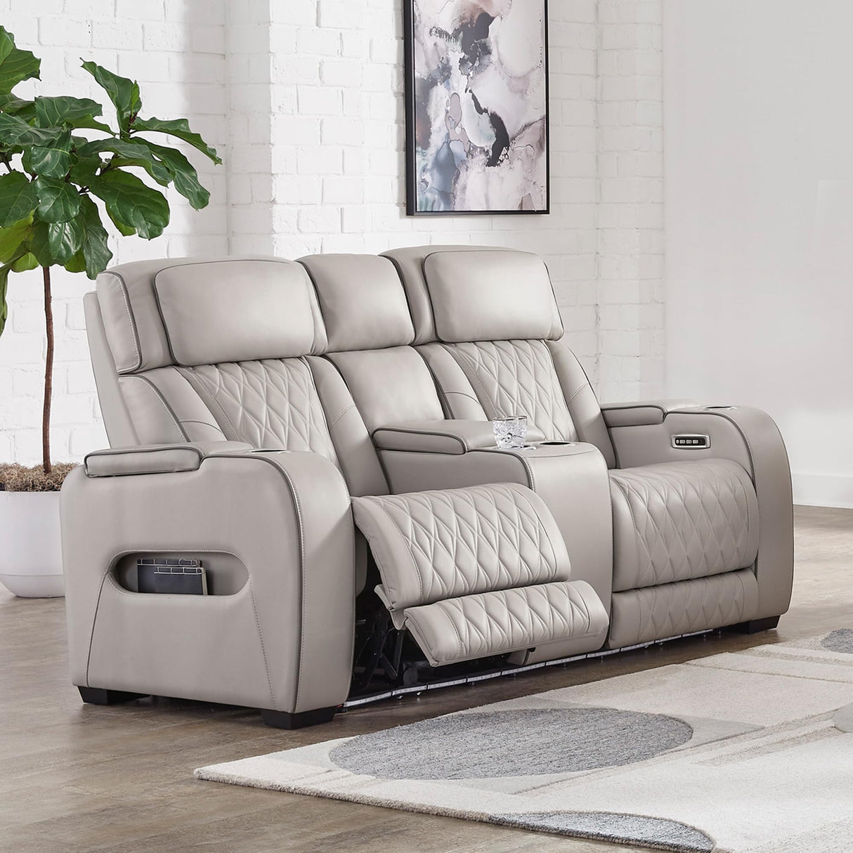 Signature Design by Ashley Boyington Contemporary Leather Match Power Reclining Loveseat with Console and USB Charging Ports, LED Lights and Adjustable Headrest, Light Gray Signature Design by Ashley
