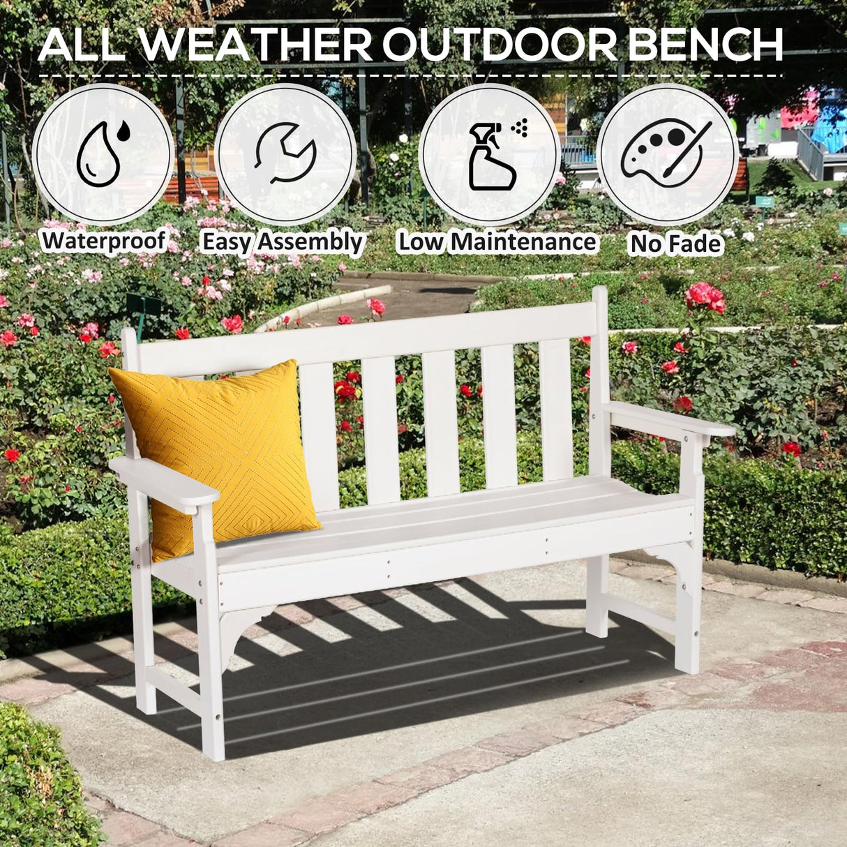 nalone Outdoor Bench, HDPE All Weather Patio Bench Load up to 800 Lbs, 2-Person Garden Bench Rot-Proof Fade Proof for Patio, Porch, and Park (White) nalone