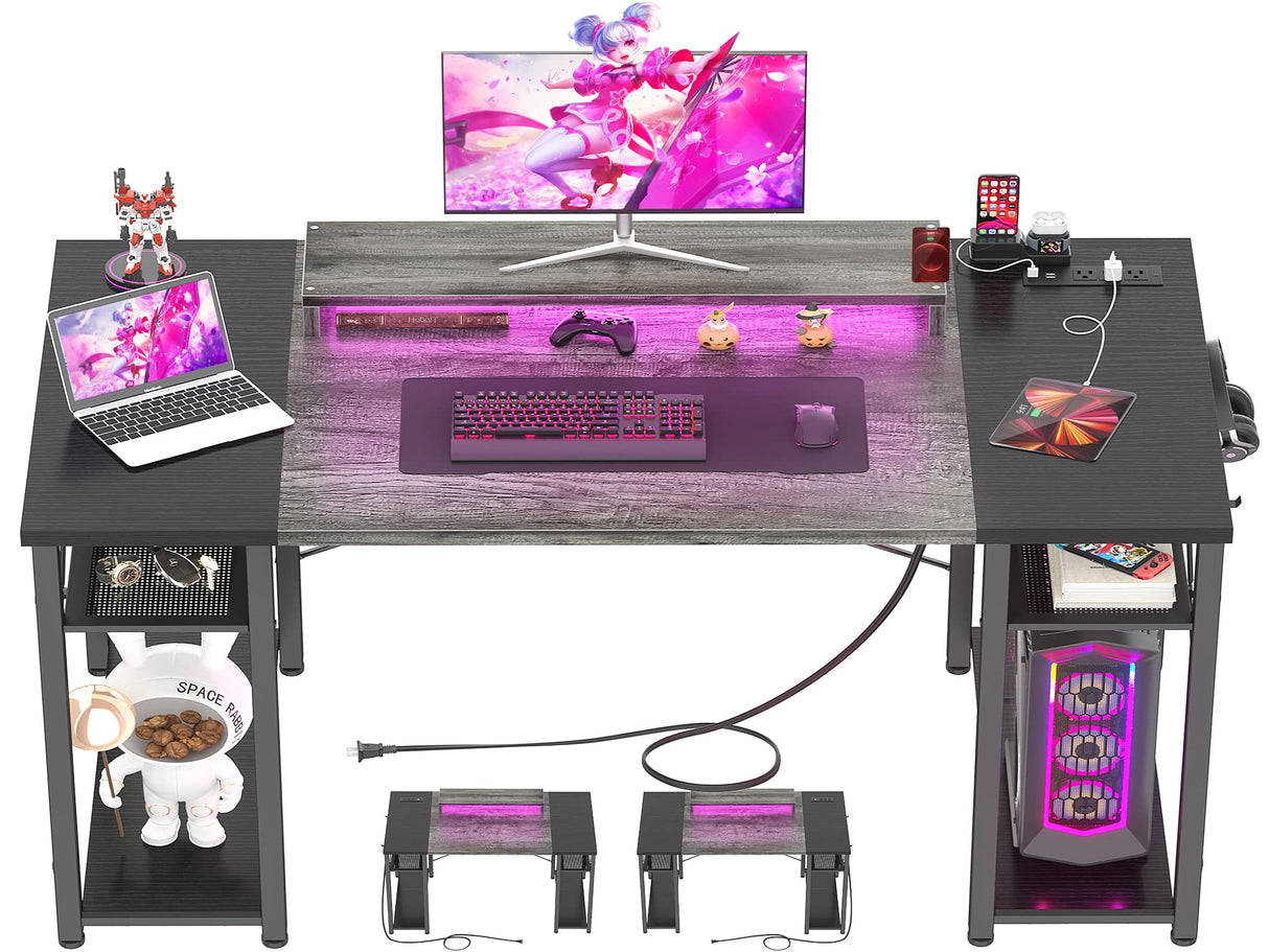 armocity Computer Desk with LED Lights, 48 Inch Reversible Large Desk with Power Outlet and USB, 48'' Gaming PC Table with Moveable Monitor Stand for Home Office, Workstation, Grey and Black armocity