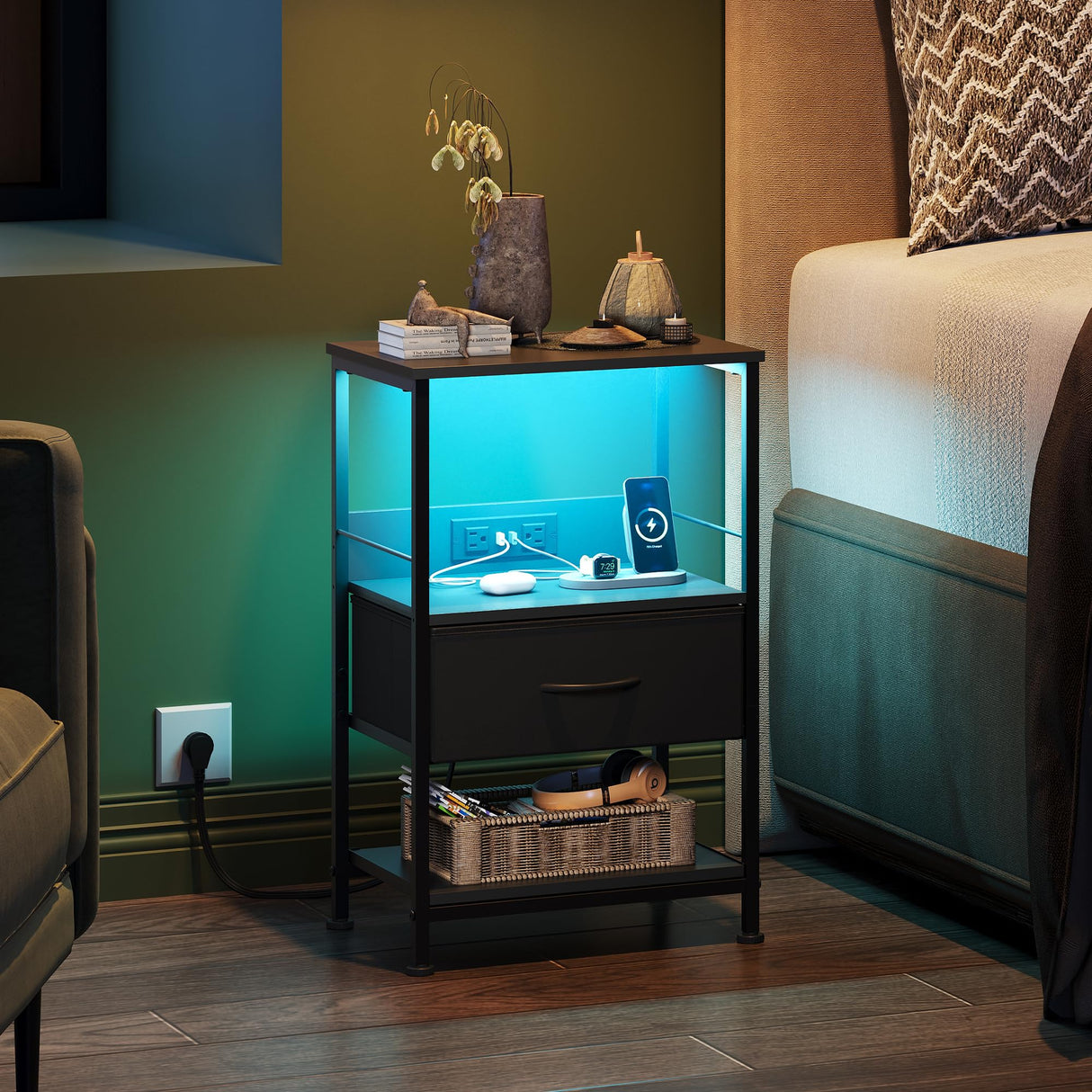 WLIVE Night Stand with Charging Station, LED Nightstand with Adjustable Fabric Drawer, 3-Tier Storage Bedside Table, Small End Side Tables for Bedroom, Black WLIVE