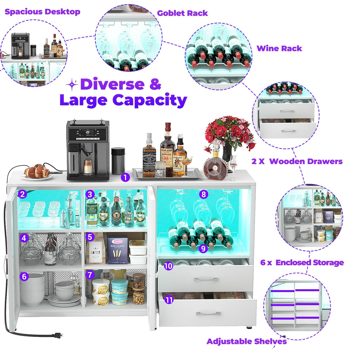 Cyclysio Multifunctional Wine Bar Cabinet with Charging Station, LED Lights and Ample Storage in White Cyclysio