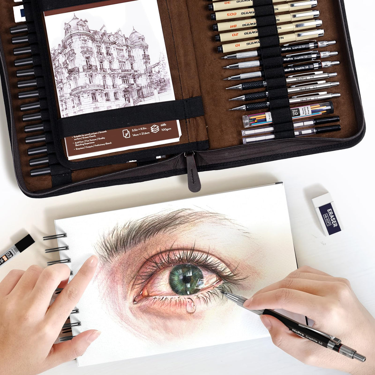 Nicpro 58 PCS Art Drawing Supplies Kit in Leather Case, Art Mechanical Pencil Set with 6 Metal Drafting Pencil 0.5 & 0.7 & 0.9 & 2mm, 12 Micron Pen, Sketch Book, 30 Tube Lead Refills for Sketching Nicpro
