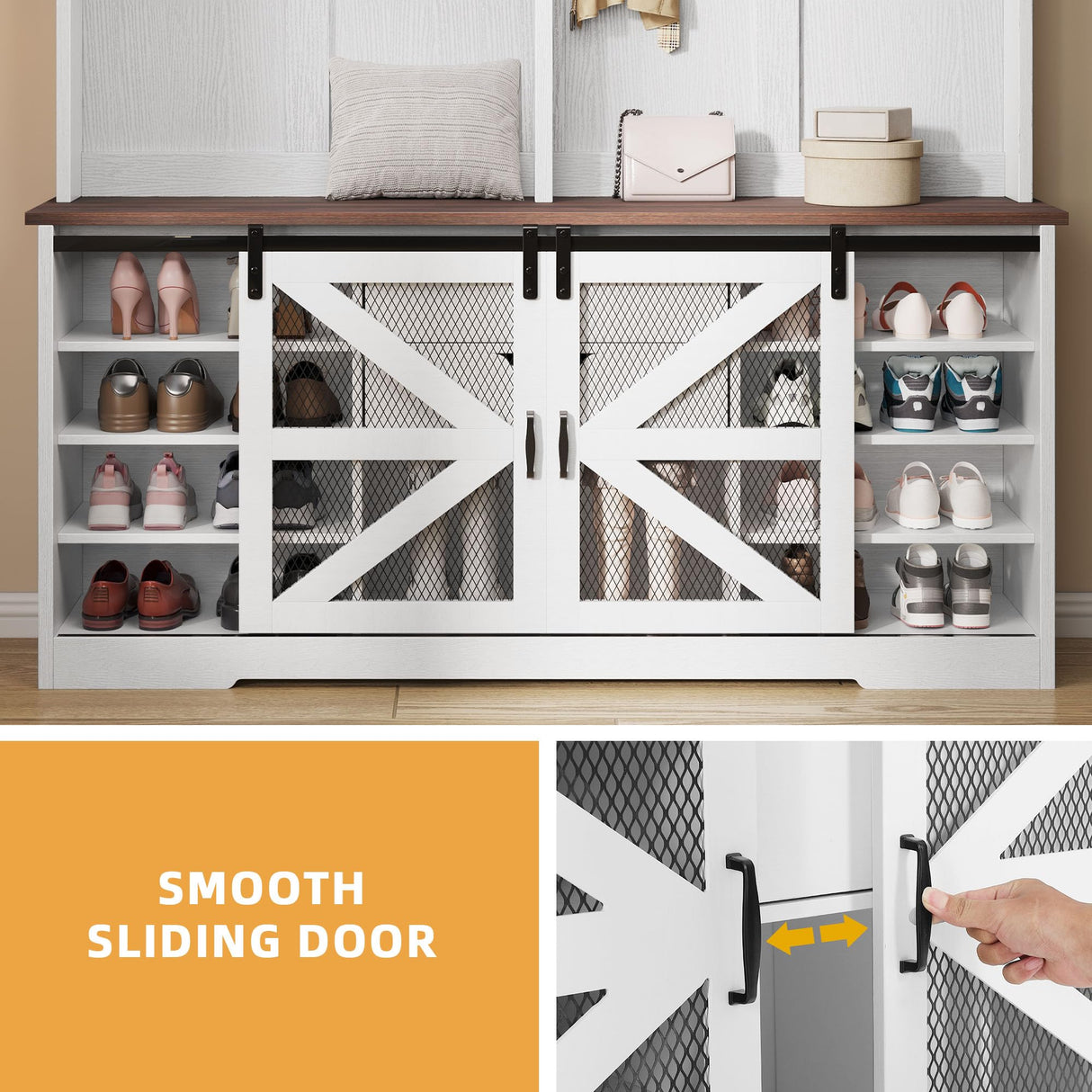 DWVO 59" Wide Hall Tree with Bench and Storage for Hallway Entryway, Coat Rack with Adjustable LED Light, Sliding Barn Doors, 10 Shoe Cubbies & 10 Coat Hooks for Bedchamber Living Room (Rustic White) DWVO