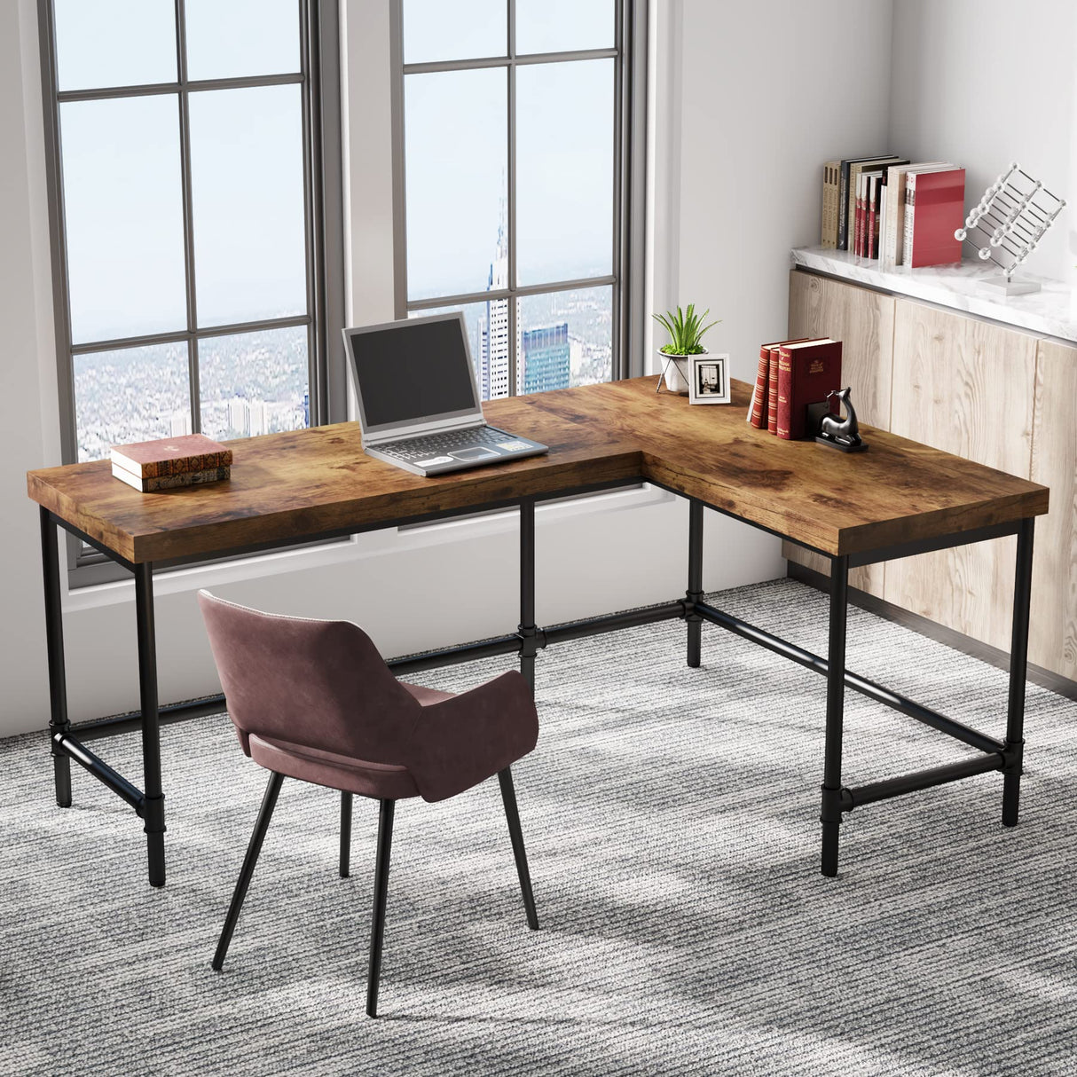 Tribesigns L-Shaped Desk, 67 inch Industrial Reversible Corner Computer Office Desk PC Laptop Study Table Workstation with Metal Pipe Legs for Home Office (Rustic Brown) Tribesigns