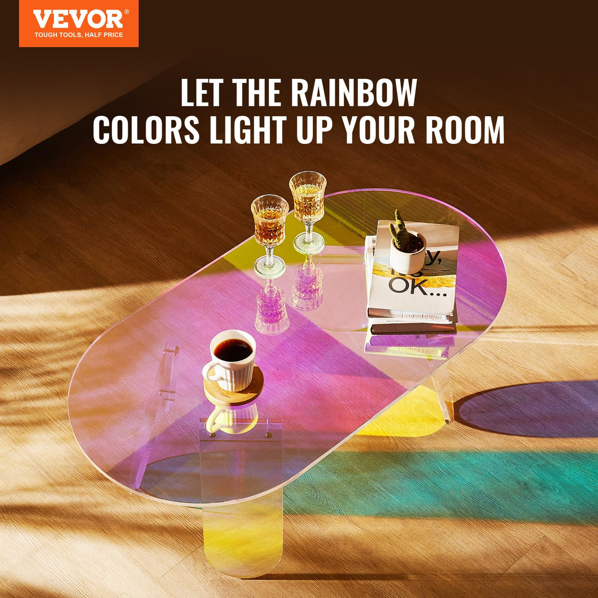 VEVOR Acrylic Coffee Table, Iridescent Acrylic End Table, Colorful Acrylic Side Table 37.4 in (L) x 19.7 in (W) x 13.8IN (H) for Coffee, Drink, Food, Snack Used in Living Room, Courtyard, Terrace VEVOR