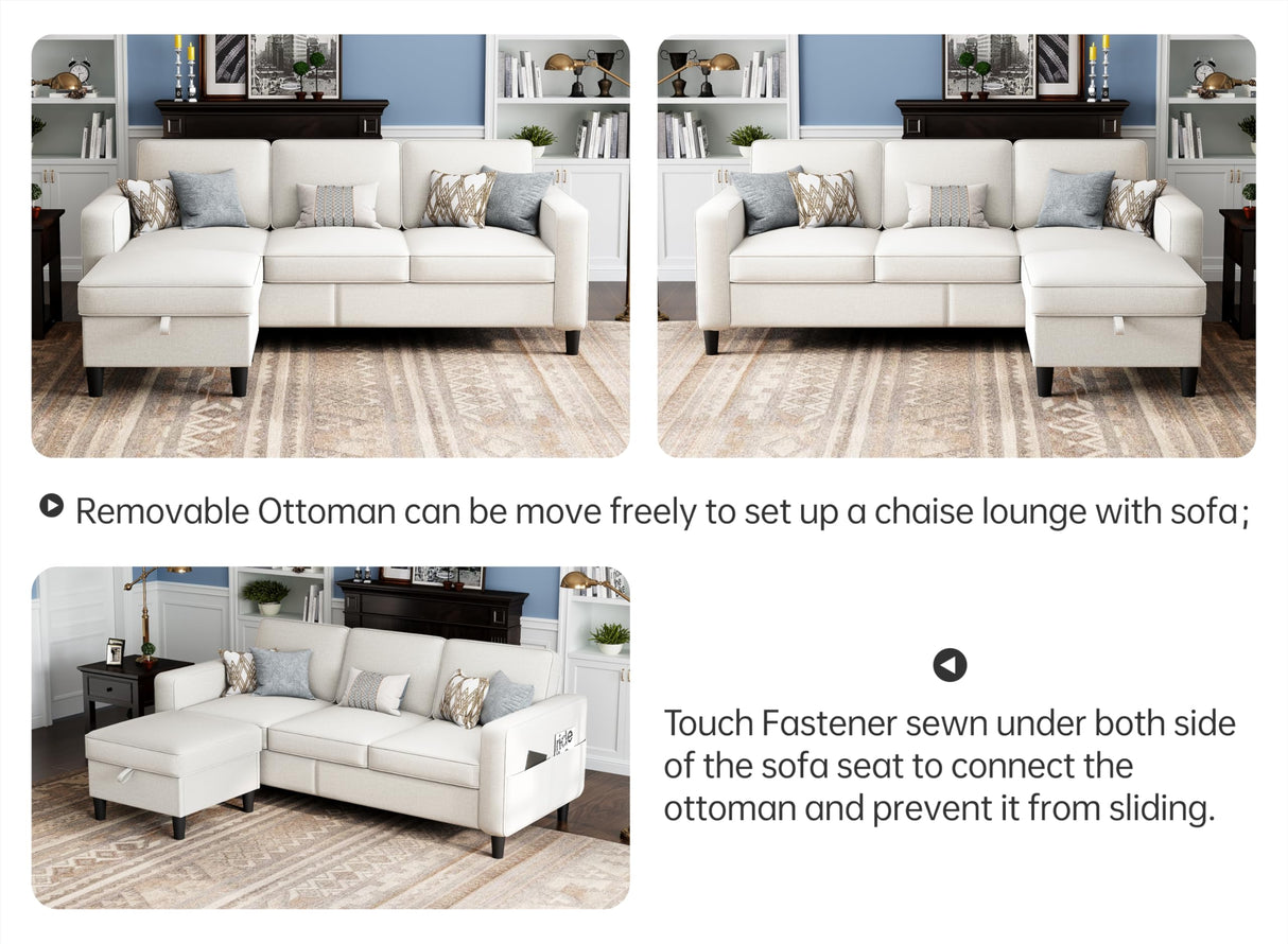 Sectional Sofas Couches for Living Room Convertible 3-Seater 78" L Shaped Couch for Small Spaces, Beige Pet-Friendly Modern Linen Fabric Sofa & Washable Covers Ideal for Apartments Studios Dorms Woyomeub