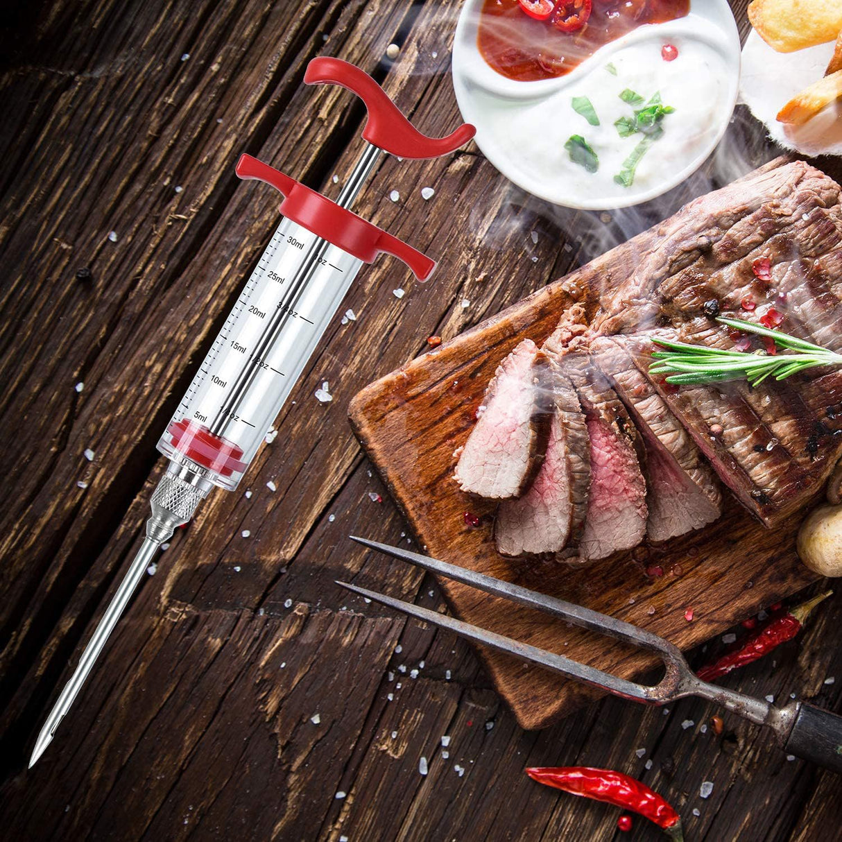 Plastic Meat Injector, Turkey Injector Syringe, Marinade Injector Turkey Injection Kit, Meat Injectors for Smoking, BBQ Grill Injector, Red 1oz (1 Injector 1 Needle) Ruiwin