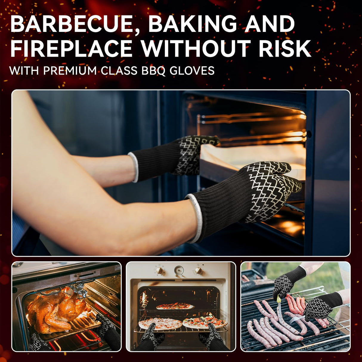 HandLove BBQ Gloves - Heat Resistant Grilling, Oven Gloves for Culinary Experts - Extreme Fireproof Protection, Silicone Grip, Long Cuff Mitts - Kitchen & Outdoor Barbecue, Cooking, Baking, Black, L HandLove