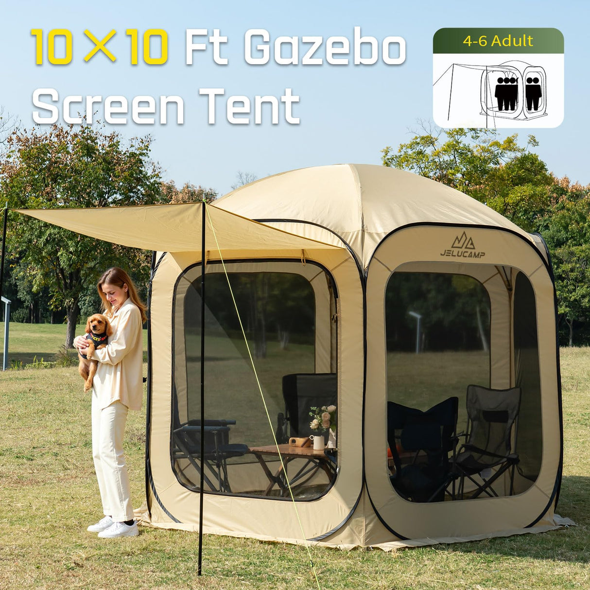 JELUCAMP 10x10 FT Pop Up Screen Tent - Instant Screened Gazebo Canopy with Mosquito Net, Portable Backyard Tent for 4-6 People, Easy Setup Patio Shelter for Camping, BBQ, Sports & Outdoor Activities JELUCAMP