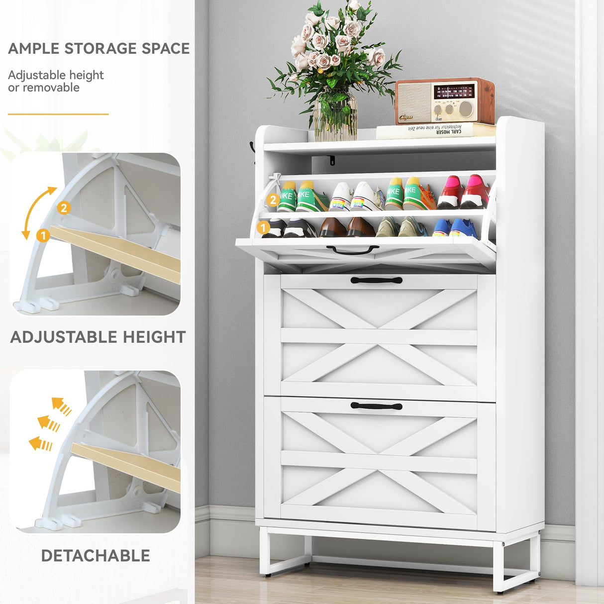 DWVO Farmhouse Shoe Storage Cabinet with 3 Flip Drawers, Slim Shoe Cabinet for Up to 24 Pairs, Narrow Shoe Rack for Entryway, Living Room, Hallway (White) DWVO