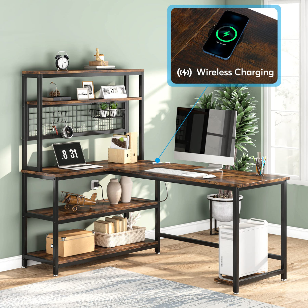 Tribesigns 55" L-Shaped Computer Desk with Wireless Charging and 5 Storage Shelves for Home Office Tribesigns