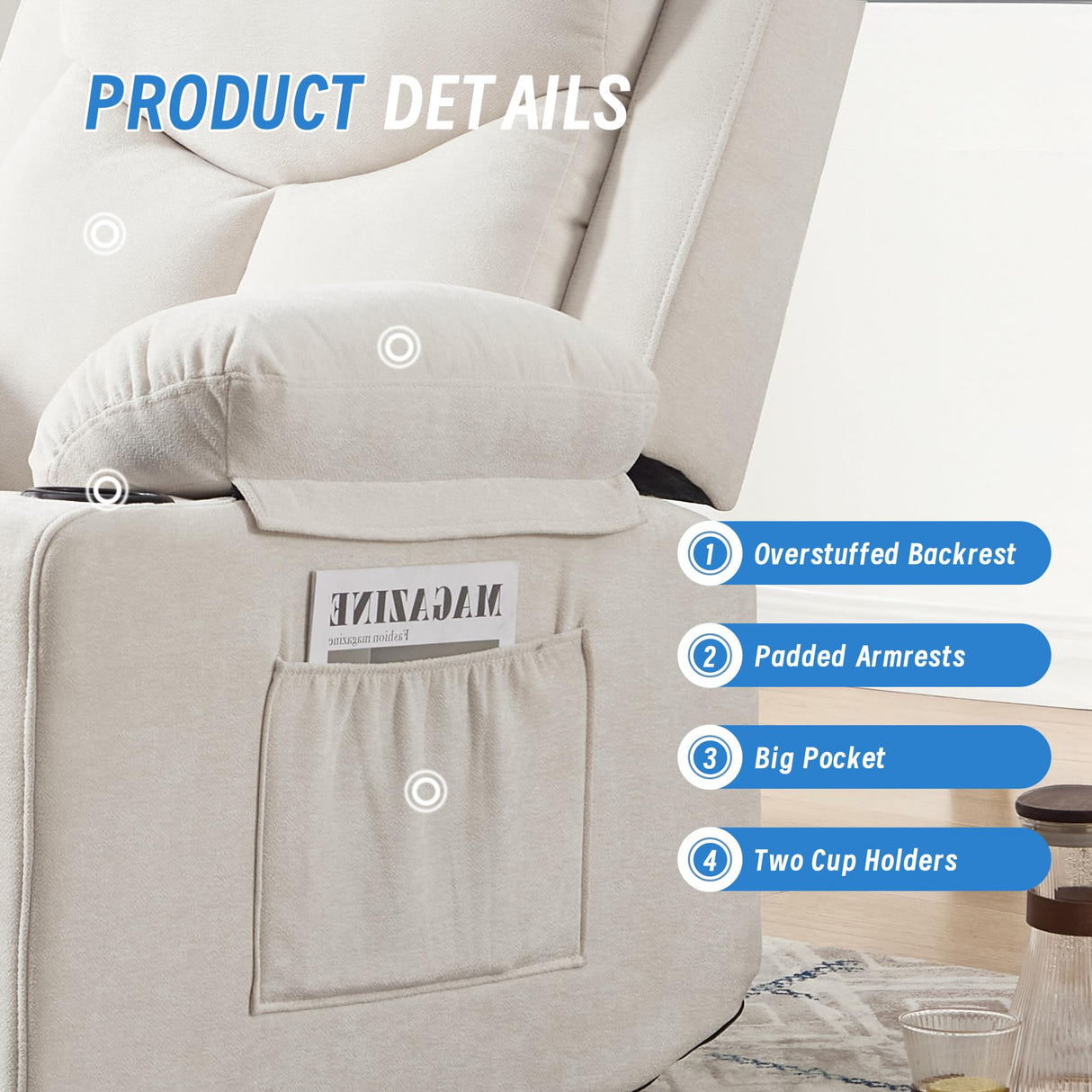 Sftaiyou Manual Rocker Recliner Chair for Adults with Vibration Massage,Glider Rocking Recliner Chairs for Living Room Bedroom Overstuffed Soft Reclining Sofa Chair with Pockets and Cup Holds (Beige) Sftaiyou