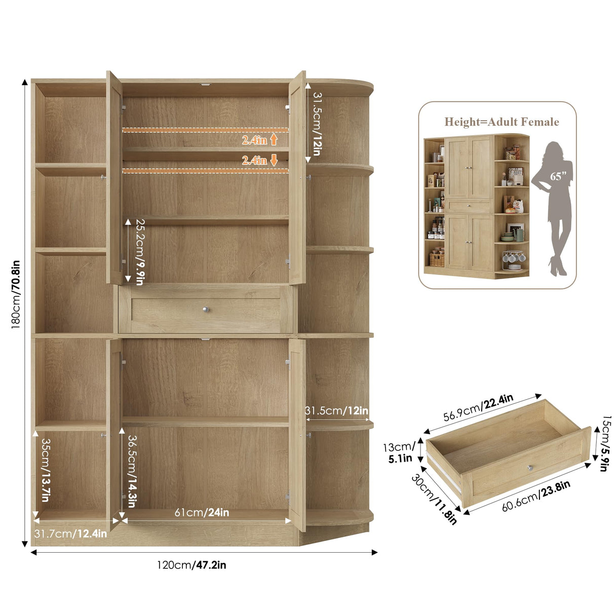 FACBOTALL 71" Tall Pantry Cabinet with Storage, 47'' Wide Freestanding Kitchen Cabinet with Doors & Shelves, Buffet Sideboard with Drawer, Cupboard for Kitchen, Dining Room, Utility Room, Light Oak FACBOTALL