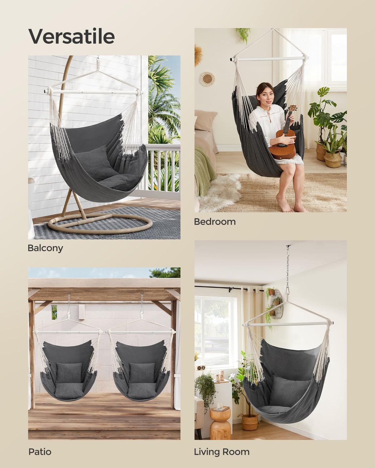 SONGMICS Hammock Chair, Load Capacity 500 lb, Hanging Chair with 2 Cushions, Large Hammock Swing with Chain and Pocket, for Indoor, Outdoor, Living Room, Bedroom, Slate Gray UGDC197G02 SONGMICS