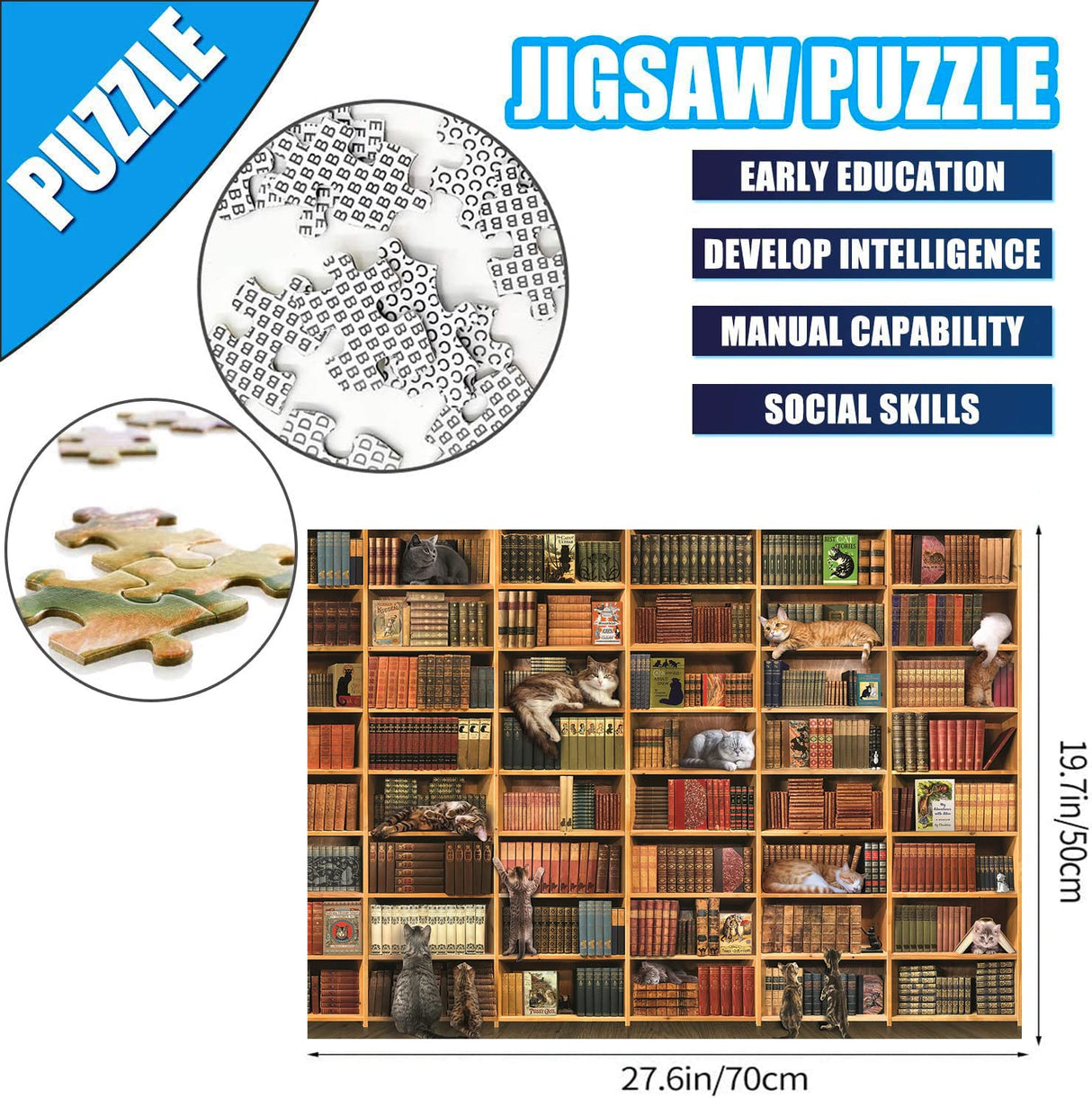 Puzzles for Adults 1000 Pieces and Up, Cats Library Jigsaw Puzzle, Funny Kitten Bookshelf Puzzles, Animal Pet Lover Challenging Puzzles for Friends Family Activity Game Nights Gifts RECHIATO