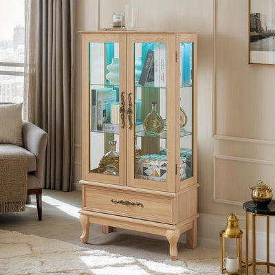 Eyisean Glass Display Cabinet, 52" H Curio Cabinet with Adjustable Shelves and Mirrored Back Panel, Wooden China Cabinet with Light Bulb, Rack for Living Room Storage (Oak - LED)