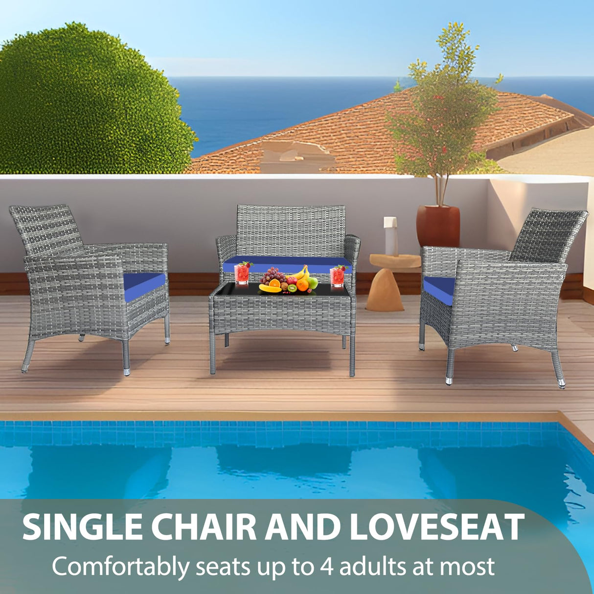 CHNBJY Patio Furniture Set 4 Pieces Outdoor Rattan Chair Wicker Sofa Garden Conversation Bistro Sets for Yard,Pool or Backyard (Grey + Blue Cloth) CHNBJY