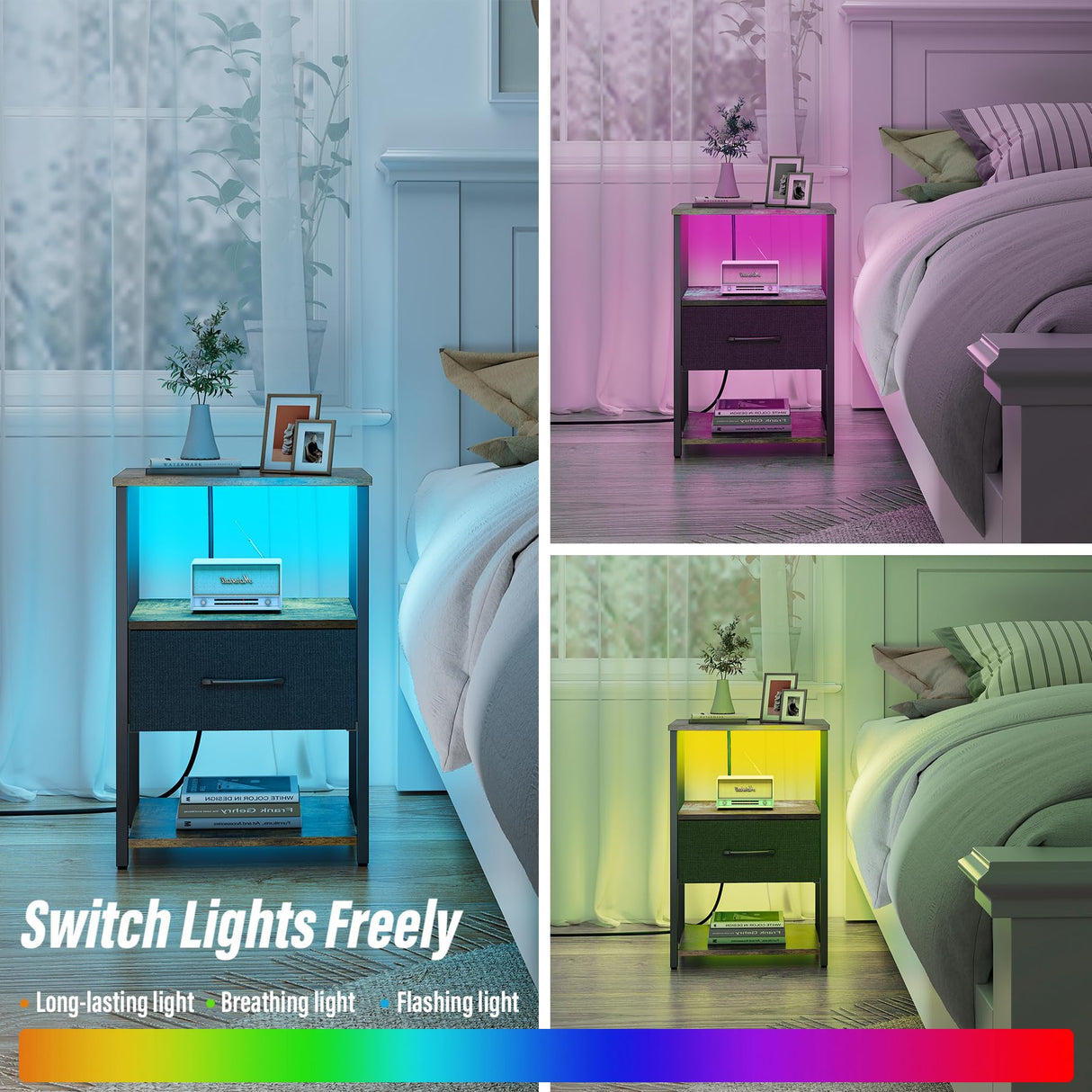 TUTOTAK LED End Table, Side Table with Charging Station, Nightstand Set of 2, Bedside Table with Fabric Drawer, Couch Table for Livingroom and Bedroom, Brown TB01BB0692L TUTOTAK