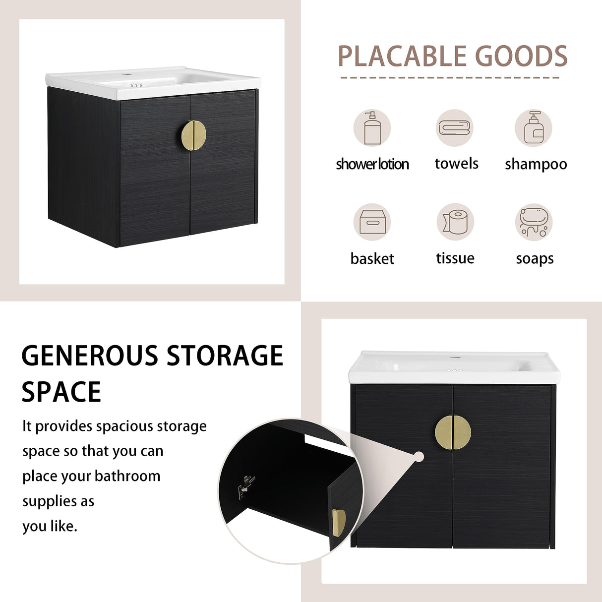 60inch Black Wall Mount Bathroom Vanity with 2 Sink, Wall Mount Double Bathroom Vanity Combo with Storage Cabinet and Opening Side Shelf, Bathroom Cabinet Floating Bathroom Vanity for Home Office Henf