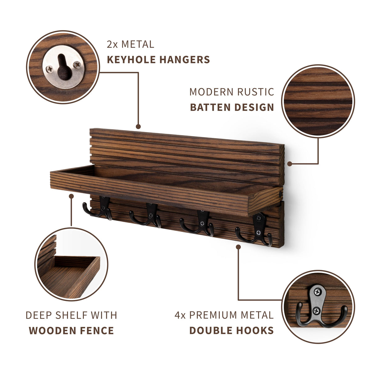 NAUMOO Natural Wooden Key Holder - Wall Mounted Mail Organizer and Key Hanger - Rustic Farmhouse Entryway Shelf with 4 Double Hooks - Decorative Rack for Car Keys, Wallet (Dark Brown) NAUMOO