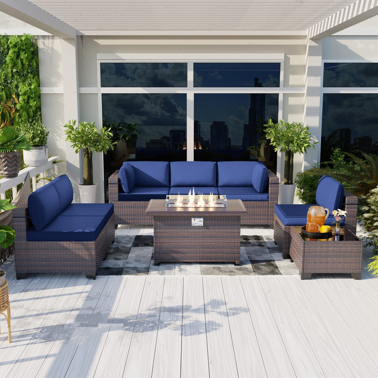 Kullavik 8 Pieces Outdoor Patio Furniture Set with 43" 55000BTU Gas Propane Fire Pit Table PE Wicker Rattan Sectional Sofa Patio Conversation Sets,Dark Blue Kullavik