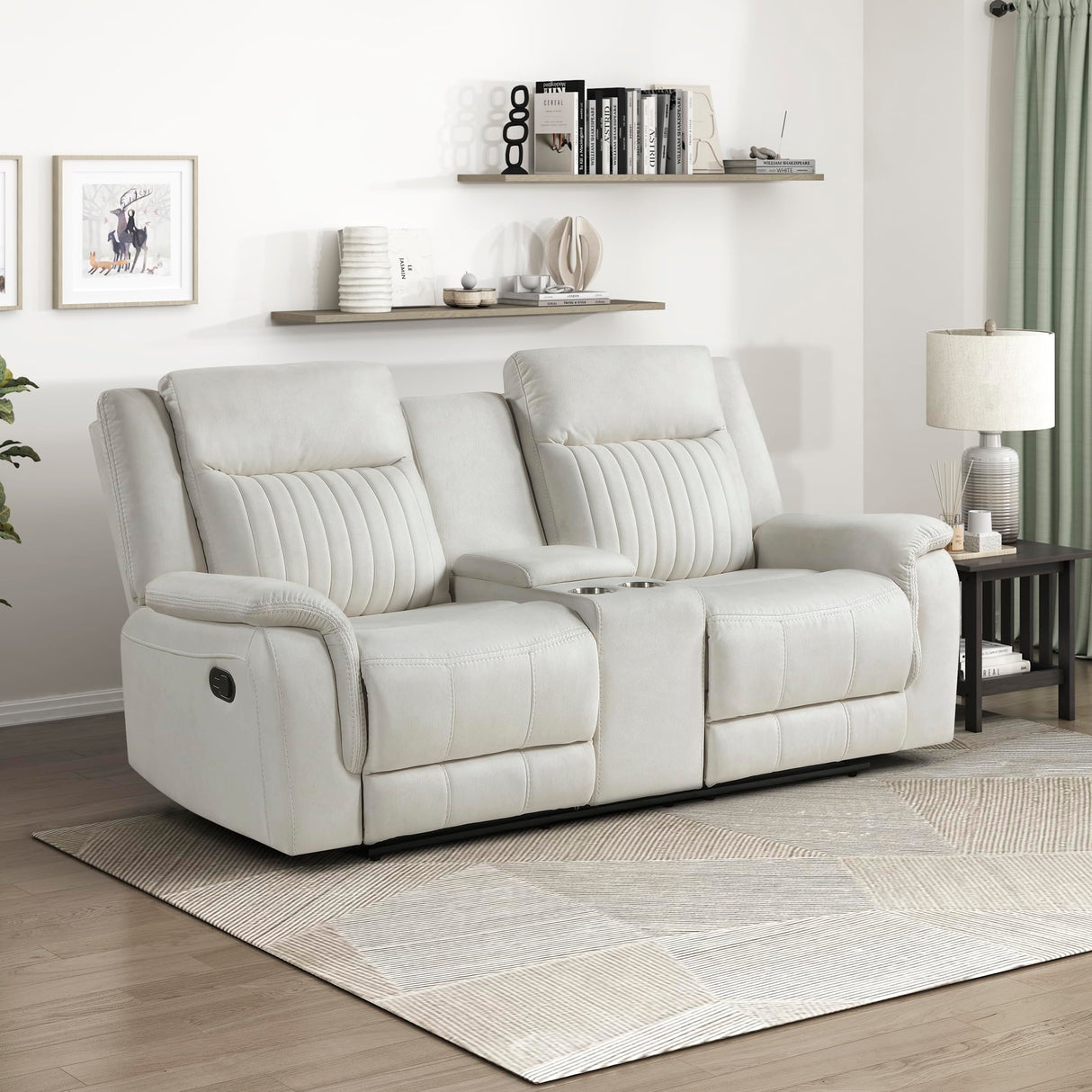 Lexicon Manual Double Reclining Loveseat, Polished Microfiber Manual Wall Hugger Loveseat Recliner for Living Room, Center Storage Console/Cup Holders, Easy Assembly, Beige Lexicon