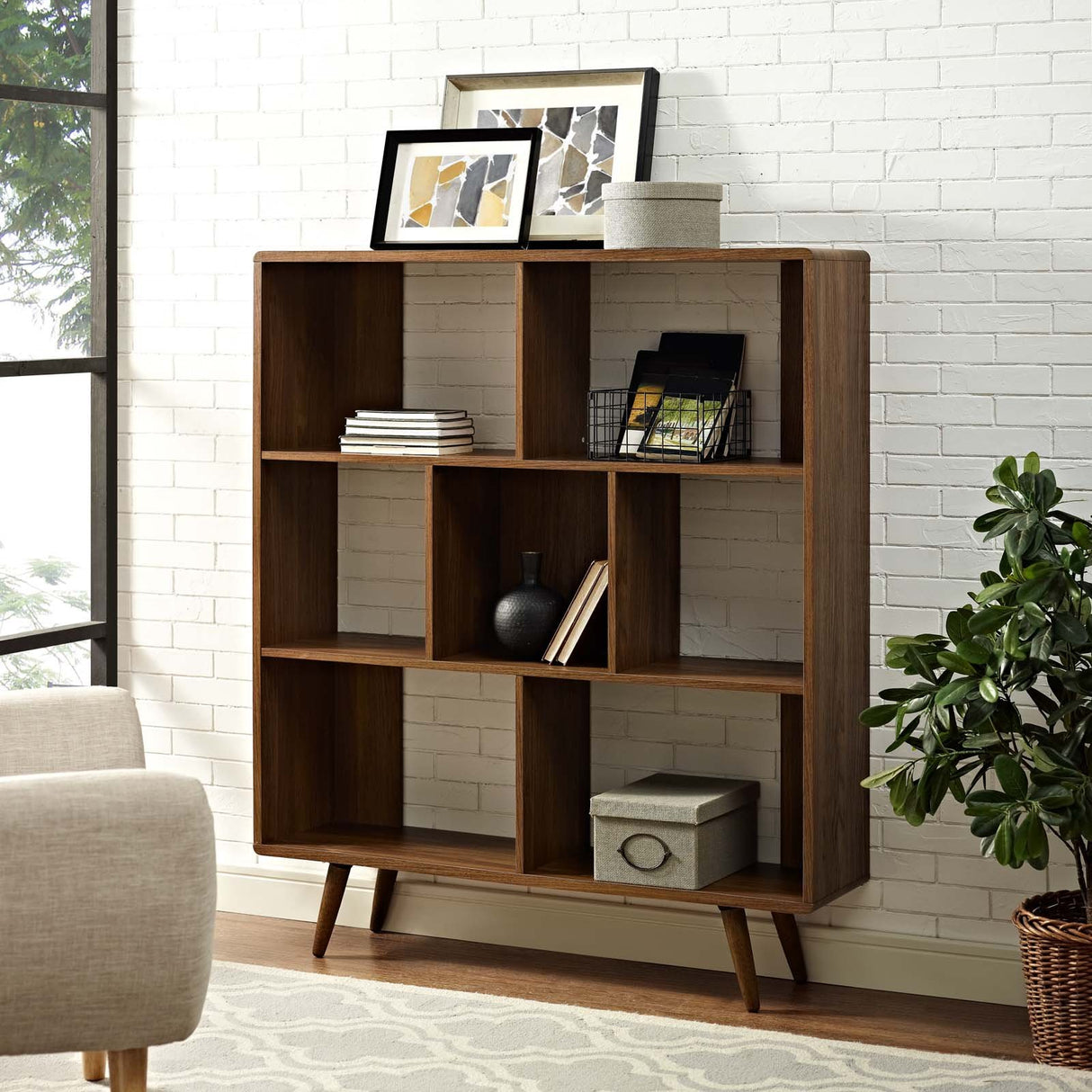 Modway Transmit Mid-Century Offset Cube Wood 7 tier Bookcase in Walnut Modway