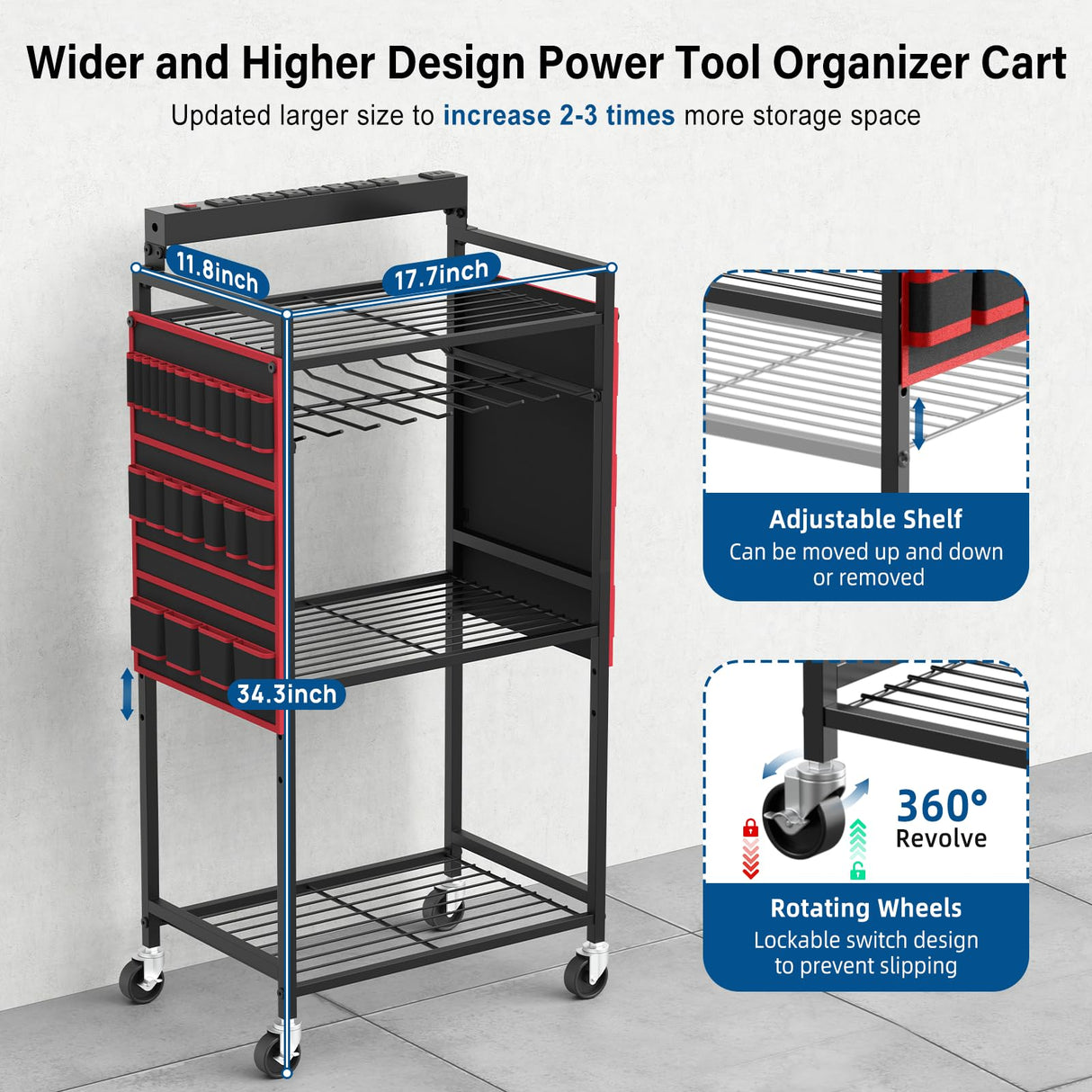JUNNUJ Garage Large Power Tool Organizer Cart with 8 Outlet 3 USB Charging Station, Floor Rolling Drill and Tools Battery Storage Cart on Wheels, Heavy Duty Utility Rack Shelf with Power Strip JUNNUJ