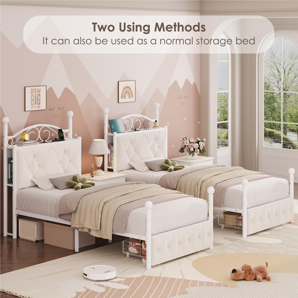 Keyluv Twin Upholstered Canopy Bed Frame with Drawer & Crystal Tufted Storage Headboard Metal Platform Bed with Charging Station & 4 Removable Posts No Box Spring Needed Curtain Not Included, Beige Keyluv