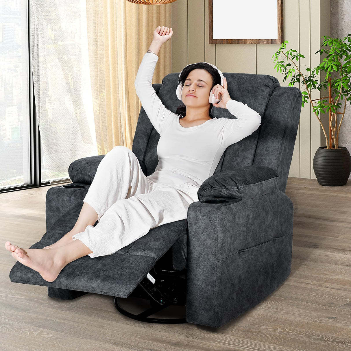 LAFWELL Retro Rocking Recliner Chair, Massage Rocker Recliner Chair with Vibration Massage and Heat, USB and Type-C Ports,360° Swivel Chairs,Living Room, Bedroom, Nursery, RV, Dark Grey LAFWELL