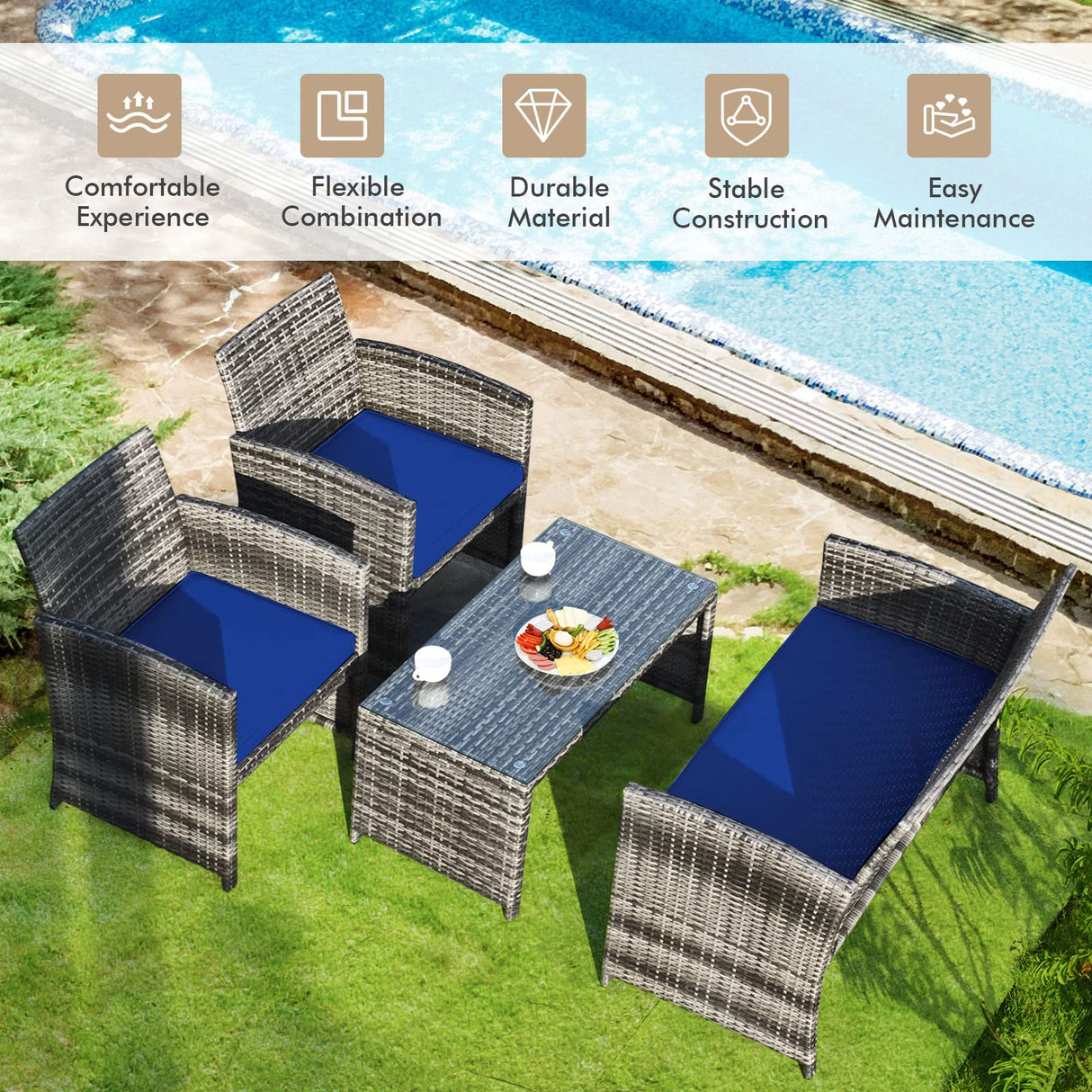 Goplus 4-Piece Rattan Patio Furniture Set, Outdoor Wicker Conversation Sofa with Weather Resistant Cushions and Tempered Glass Tabletop for Lawn Backyard Pool Garden (Blue) Goplus