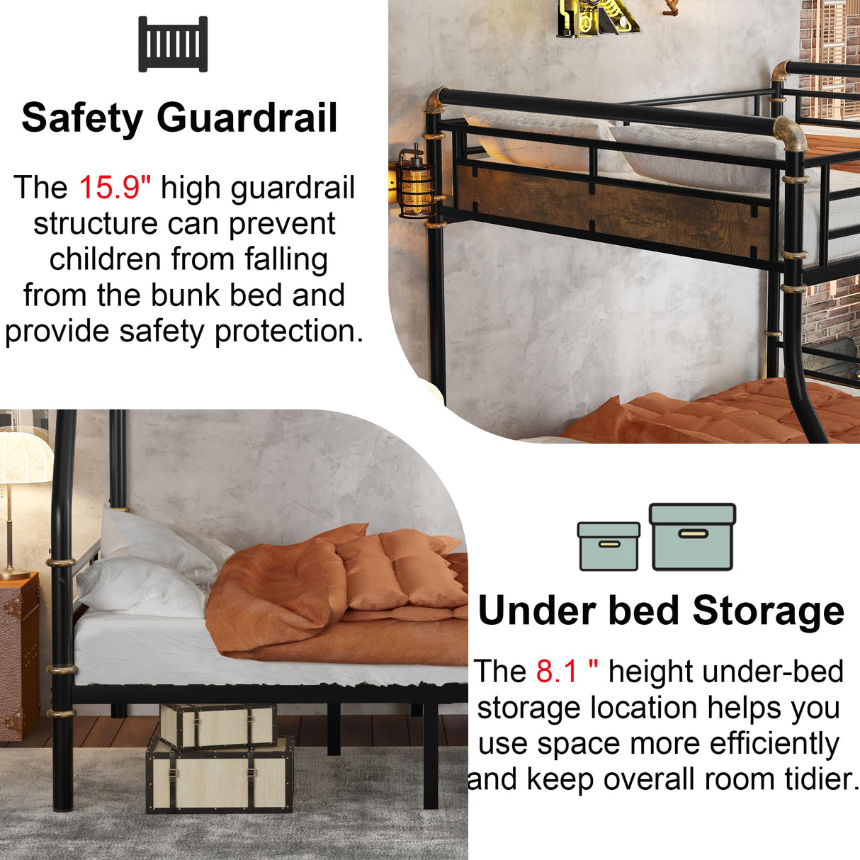 Full XL over Queen Bunk Beds for Teens or Adults ,Industrial Heavy-Duty 2 IN 1 Metal Convertible Bunk Bed with Ladder and Slats Support ,15.9" High Guard Rail,Space-Saving ,Noise Reduced,Black Mirightone