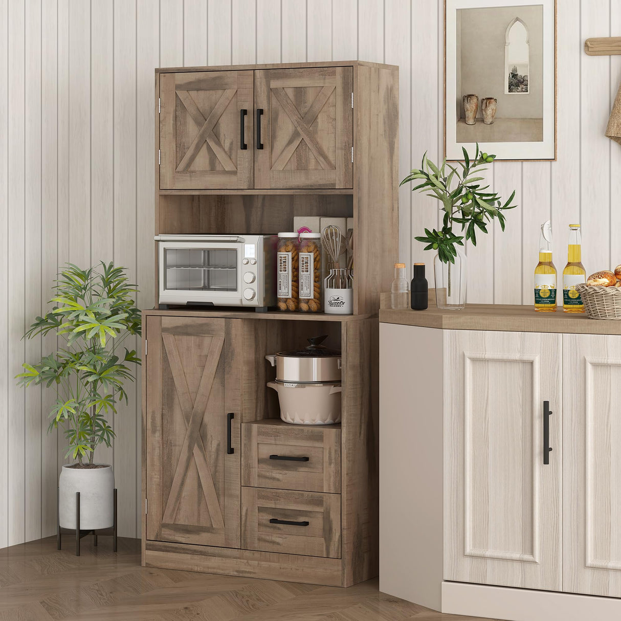 HOMCOM 60" Tall Kitchen Pantry Cabinet, Farmhouse Freestanding Hutch with Microwave Oven Countertop, Kitchen Storage Cabinet with Barn Doors & Drawers, Buffet with Adjustable Shelves, Gray Wash HOMCOM