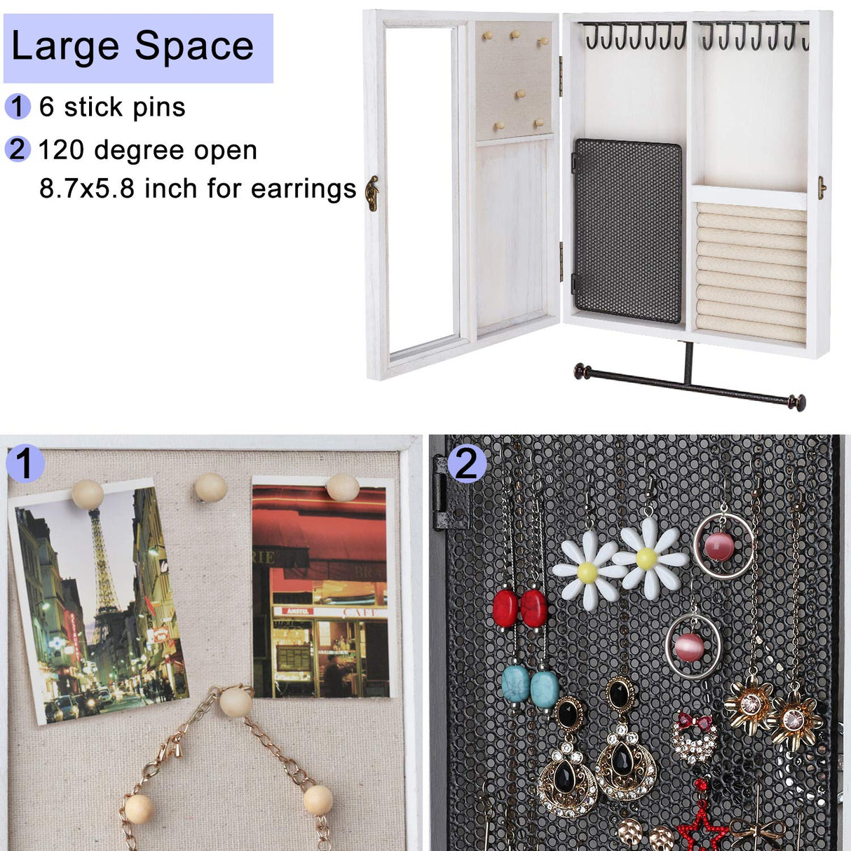 Keebofly Wall Mounted Jewelry Organizer With Rustic Wood Large Space Jewelry Cabinet, Holder, Storage Box for Necklaces, Earrings, Bracelets, Ring Holder, and Accessories White Keebofly