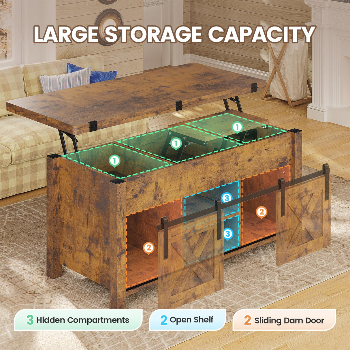 SEDETA Lift Top Coffee Table, 4 in 1 Convertible Coffee Tables with Storage and Hidden Compartment for Living Room, Farmhouse Coffee Table Converts to Dining Table, Dining Reception Room, Rustic Brown SEDETA