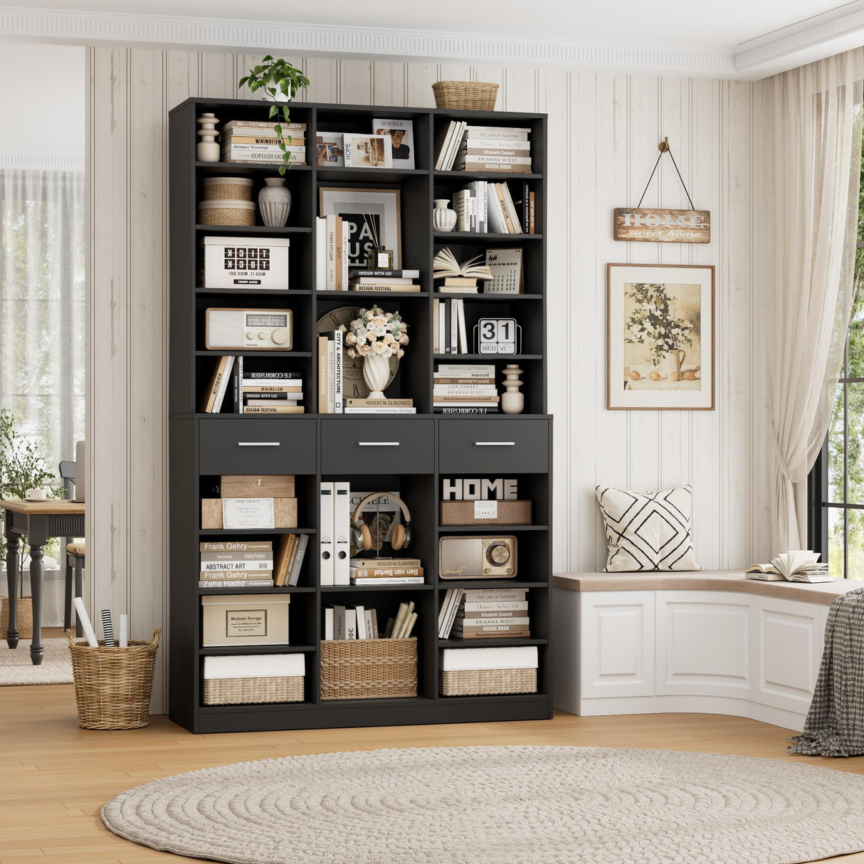 HOSTACK 75" Tall Book Shelf and Bookcase, 47" Wide Bookshelf with Drawers, Modern 9 Tier Bookcase with Storage, Large Wood Display Cabinet with Adjustable Shelves for Living Room, Home Office, Black HOSTACK