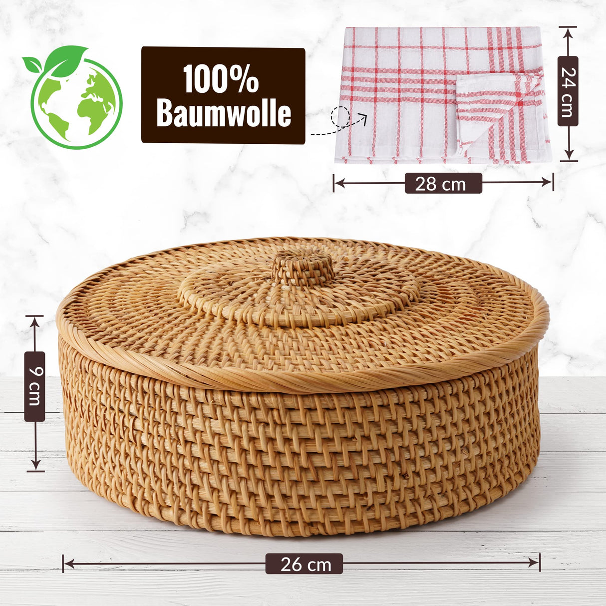 Tortillada - 10 Inches Tortilla Warmer/handcrafted basket made of rattan incl. 100% cotton towel Tortillada