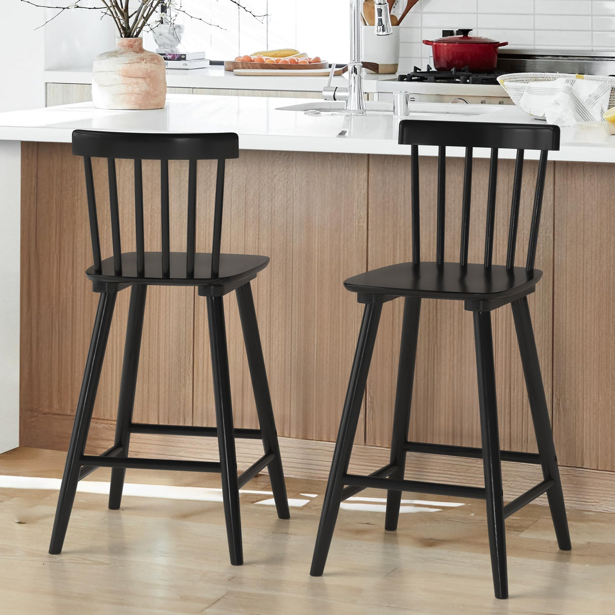 LUE BONA Windsor Wooden Bar Stools Set of 2 for Kitchen Island, Farmhouse 24 Inch Counter Height Stools Chairs with Spindle Back, Black LUE BONA