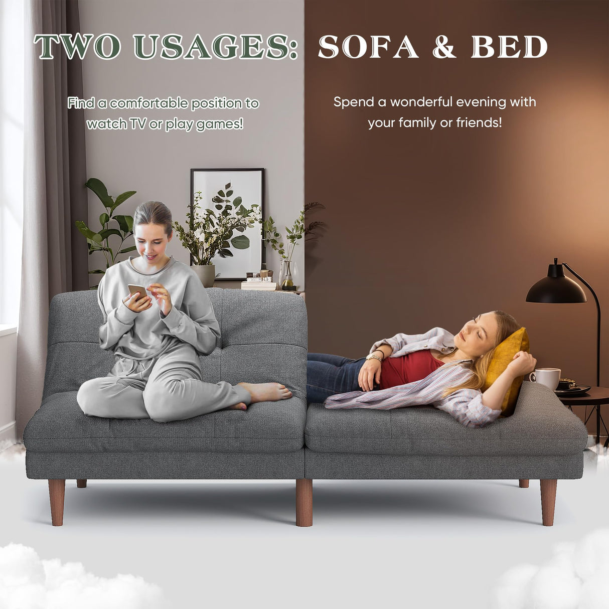 Furmax Futon Sofa Bed Modern Linen Couch Convertible Folding Futon Reclining Sleeper Sofa Couch for Small Space Apartment Loveseat with Adjustable Backrest (Dark Grey) Furmax